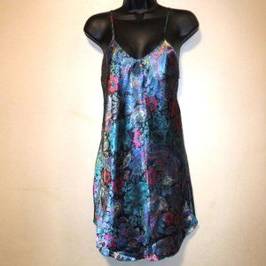 Vintage Lady Cameo Dallas Shiny Satin Paisley Print Chemise Mini Slip Dress sz S